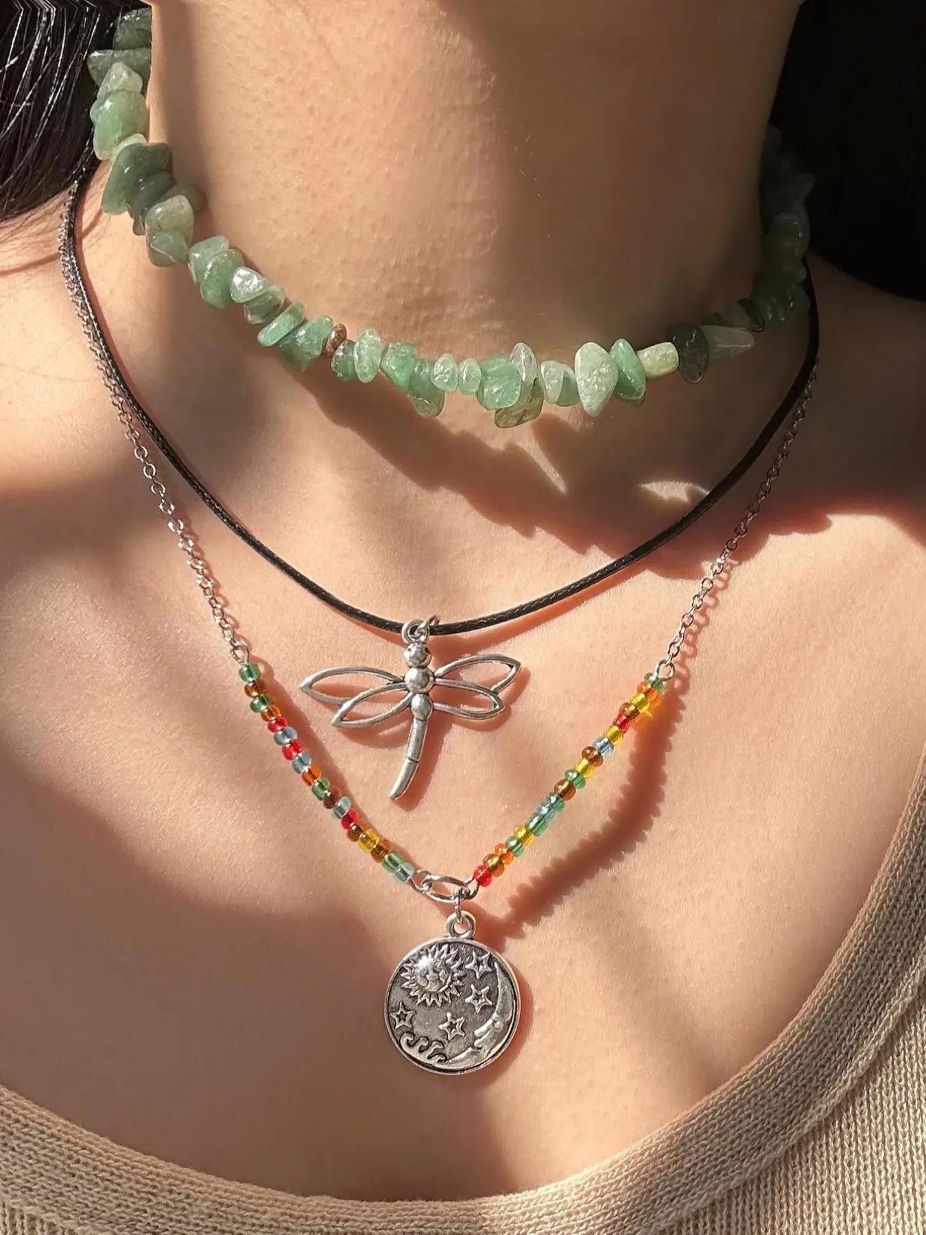 3pcs/set Women's Boho Style Dragonfly Pendant Necklace & Beaded Necklace, Vintage Retro Trendy Necklaces, Exquisite Jewelry without Box for Women