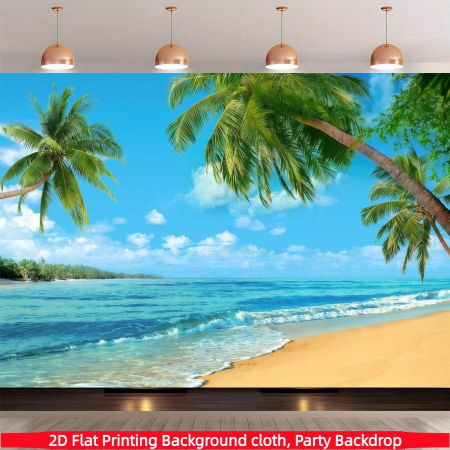 Summer Beach Party Background Banner, Hawaiian Party Background Cloth, Polyester Material, Beach, Palm Trees, and Blue Sky, Suitable for Hawaii Party Decoration, Summer Home Decoration,Garden,Studio, and Outdoor Birthday Party Multi functional Decoration