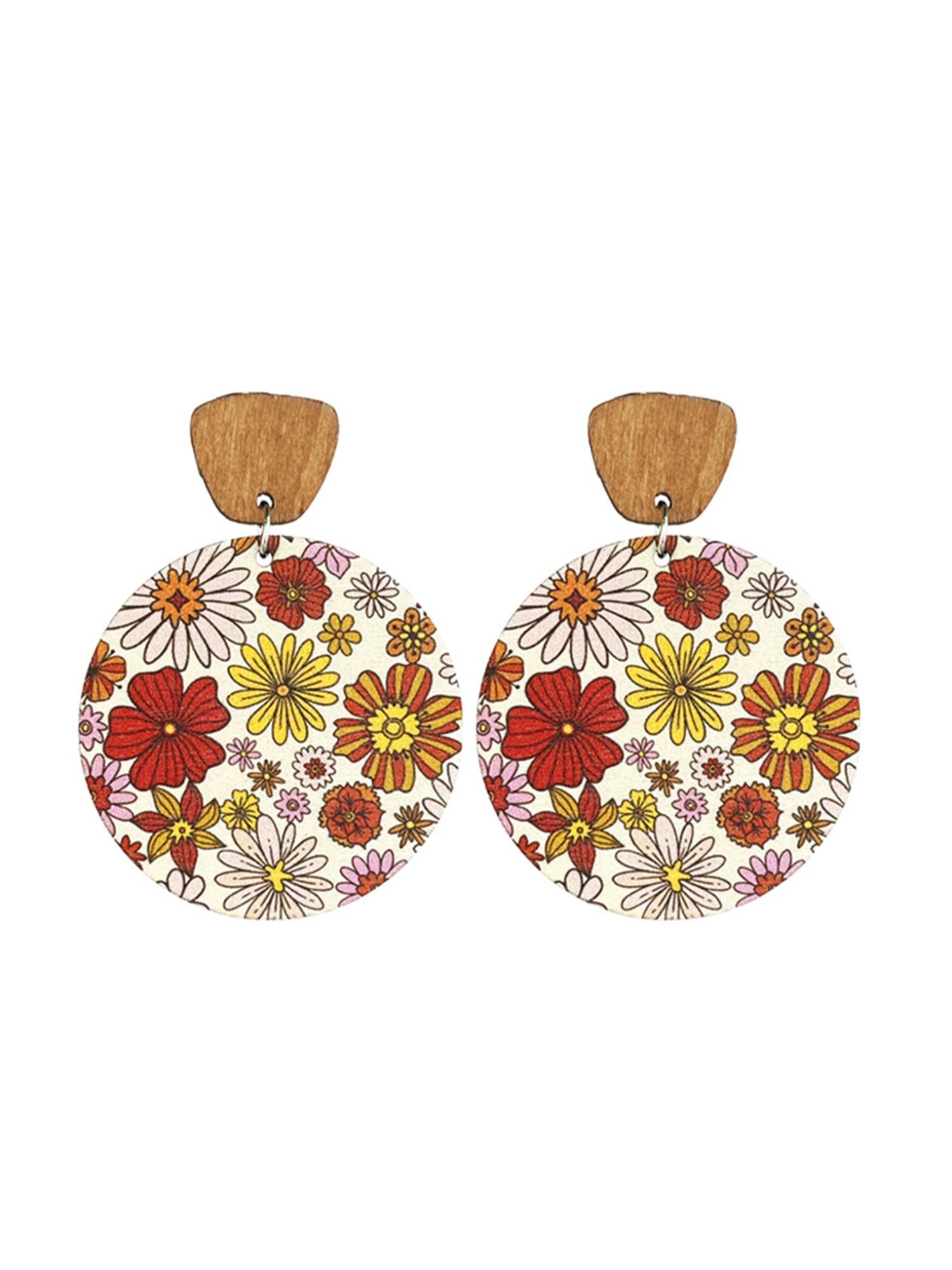 Vintage Floral Boho Drop Earrings, Multicolor Wooden Round Porcelain Studs, All-Over Print Design, Perfect for Spring & Summer