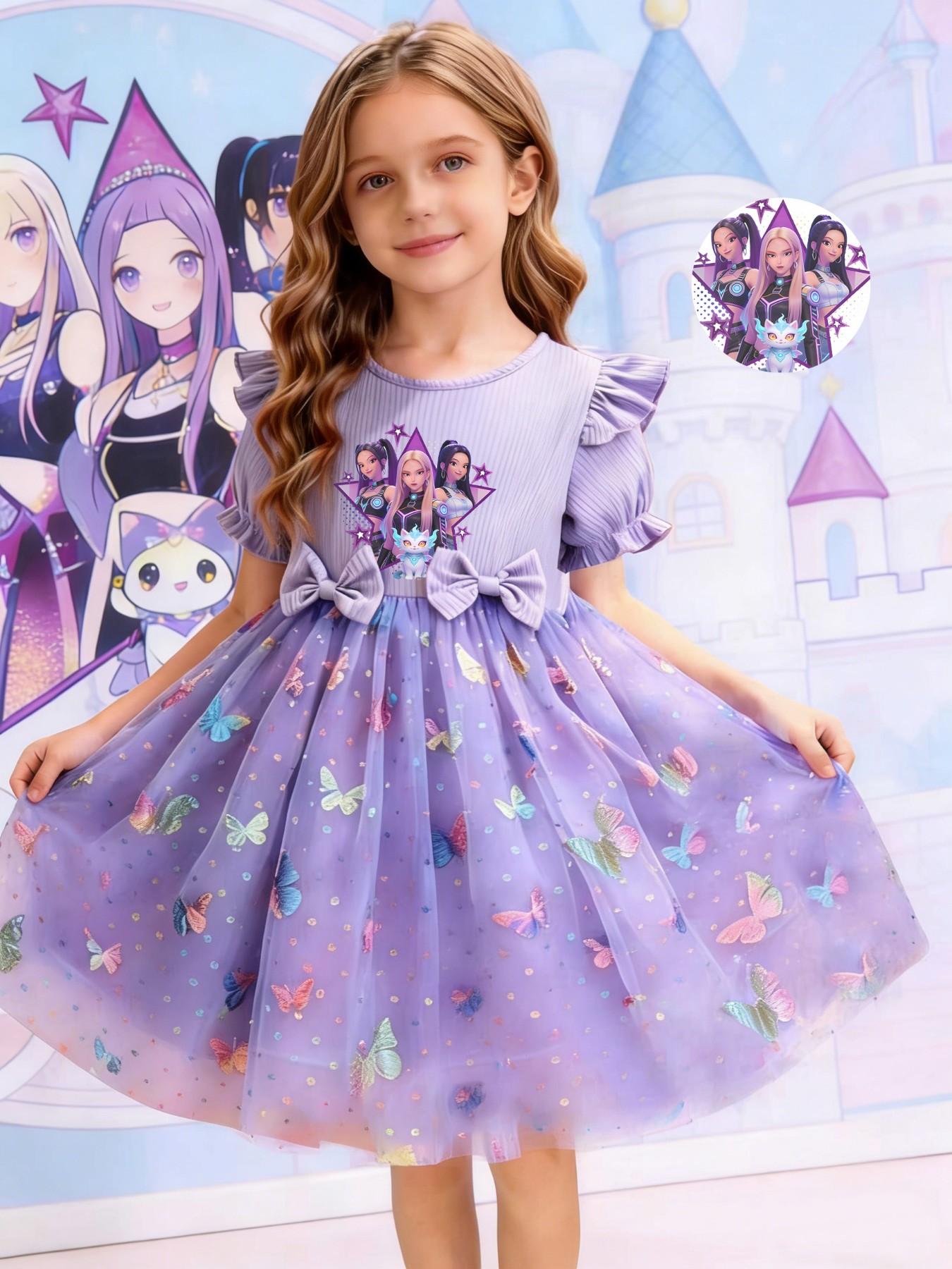 Princess Party Dance Dress, Butterfly Mesh Skirt, Dreamy Elegant Design, K-Pop Girl Group Print, Perfect for Camping Travel Parties