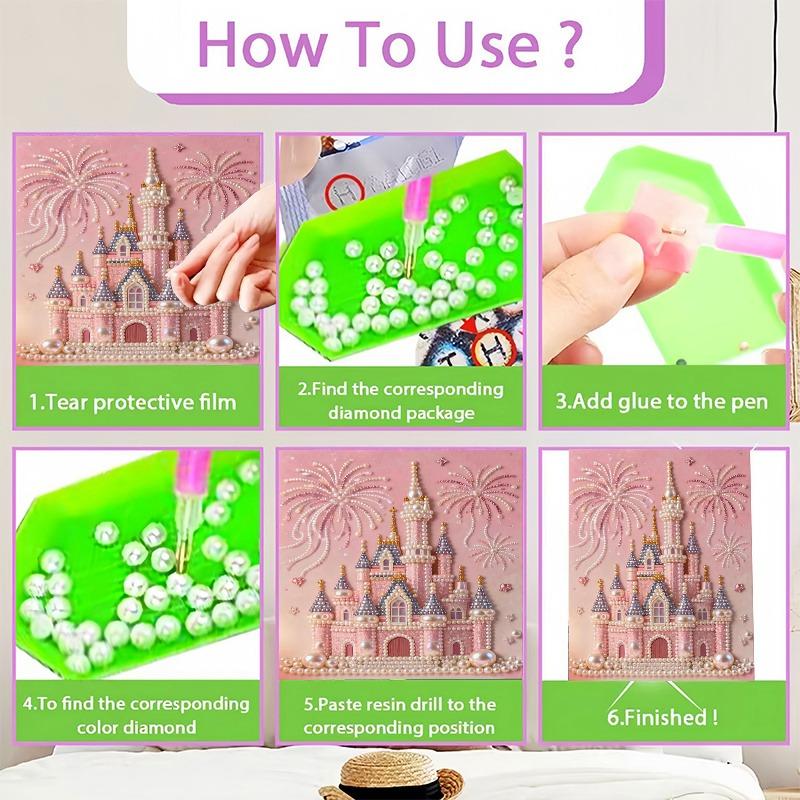 2026 New Pearl Painting: Pink Pearl Fairy Tale Castle Fireworks Glow Theme Frameless Canvas Art Print DIY Decorative Painting Ideal for bedroom decor, living room wall art, room accents, and artwork Perfect as Christmas, New Year, or Valentine's Day gifts