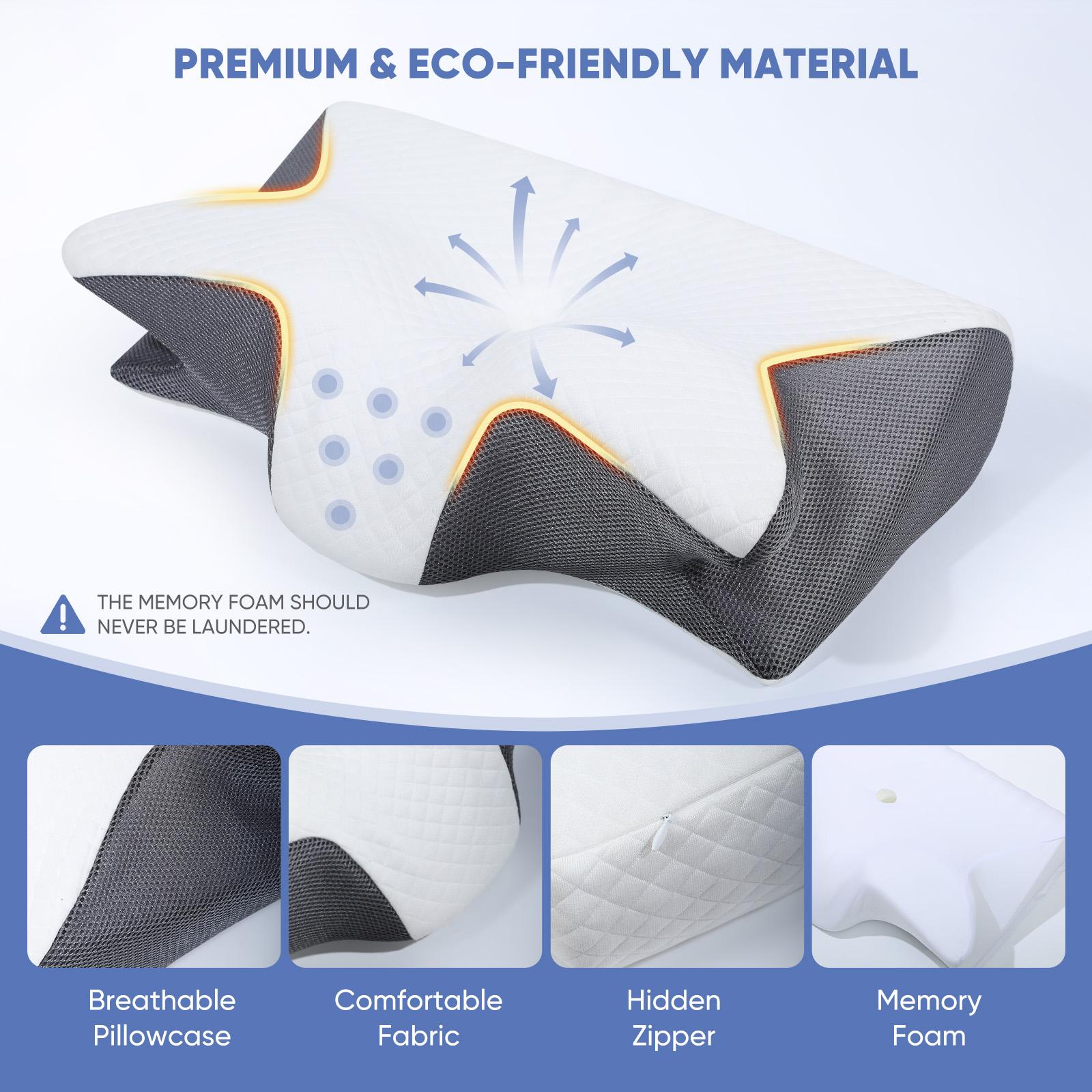 Slow-rebound premium supportive memory foam pillow for neck and shoulder relaxation, two height options and armrests, contoured zoned pillow for ultimate comfort and softness, perfect for side and stomach sleepers