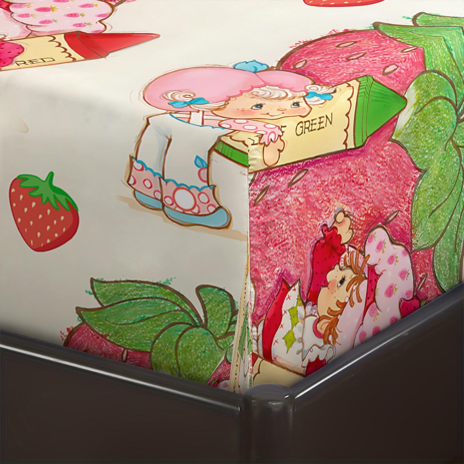 Strawberry Shortcake Fitted Sheet Set, 1 Fitted Sheet + 2 Pillowcases - 3 Pcs Soft Breathable Bedding with Deep Pocket, 360° All-Round Wrap, Wrinkle Resistant, Cute Strawberry Cartoon Bed Sheets for Girls Bedroom Decor, Full Size