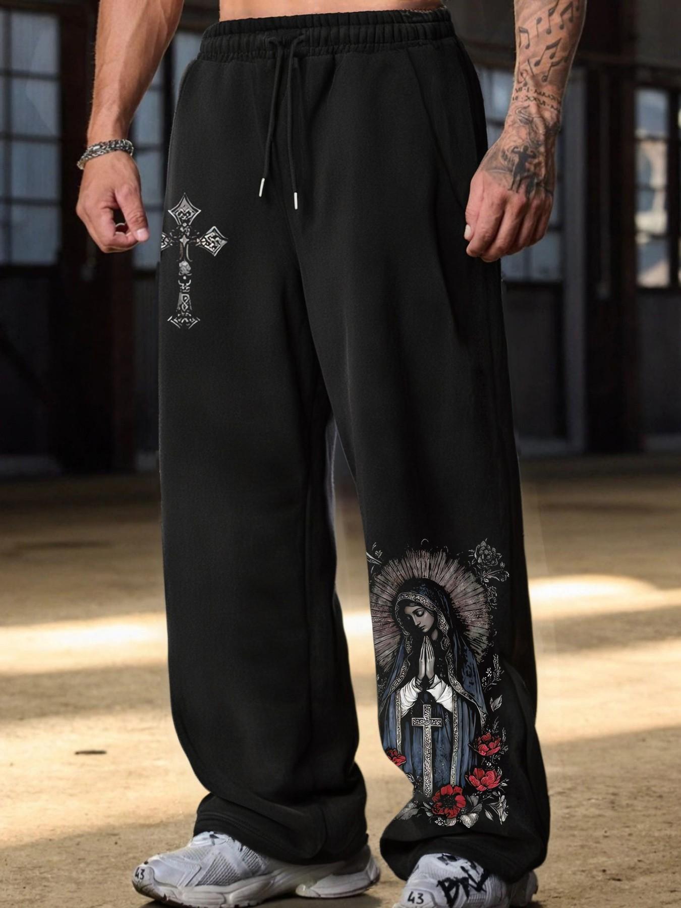 Men's Casual Graphic Print Sweatpants, Loose-Fit Drawstring Wide Leg Pants, All-Season Comfortable Long Trousers for Men