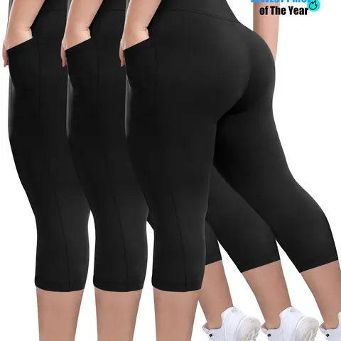 Women's High Waist Slim-Fit Capri Pants, 3-Pack Set, Stretchy Yoga Bottoms, Soft & Comfortable, Multiple Colors Available