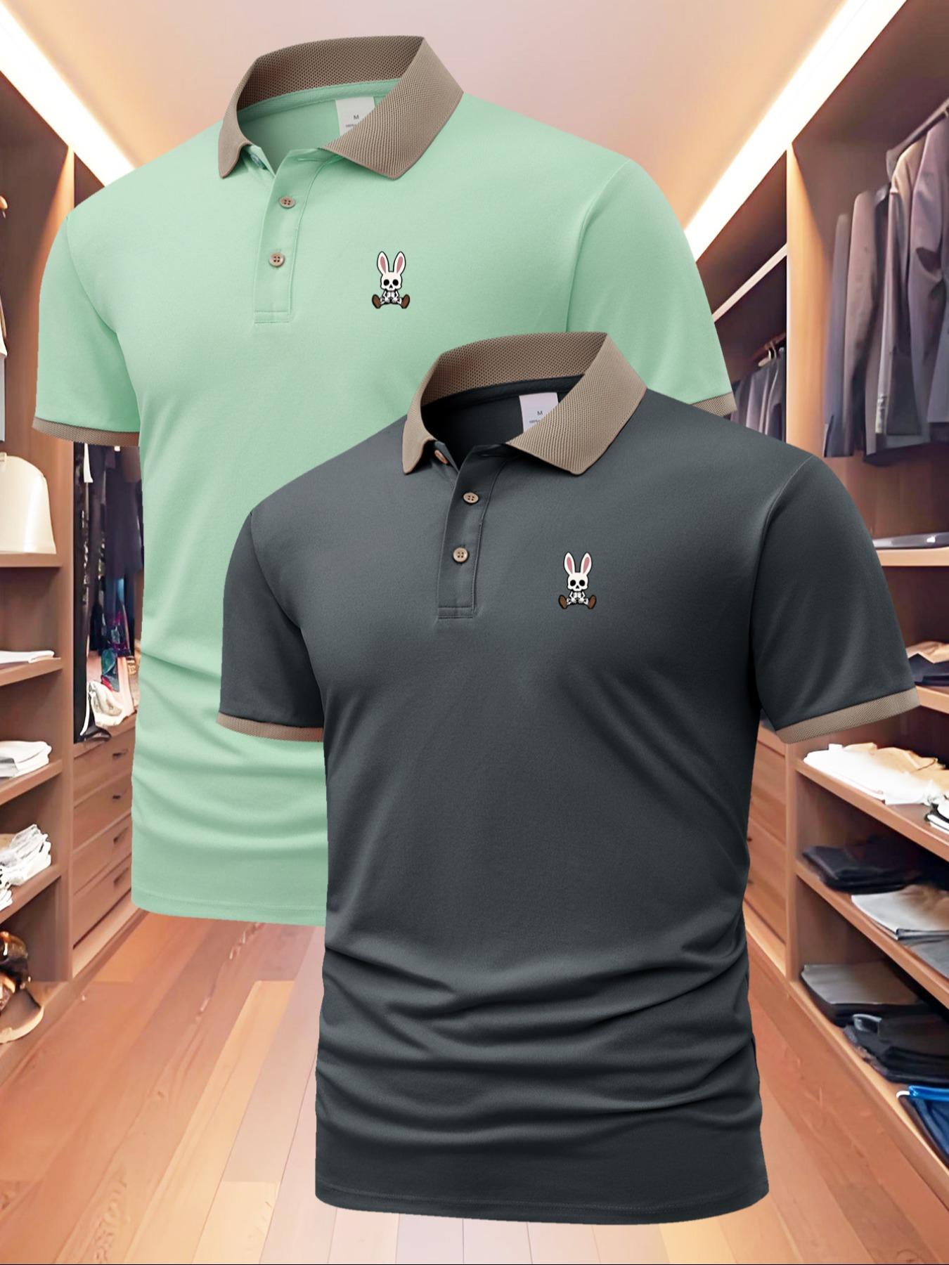 Men's Regular Fit Rabbit Print Polo Shirt, Casual Short Sleeve Collared Top for Summer, Fashion Men's Clothes for Daily Wear, Tropical