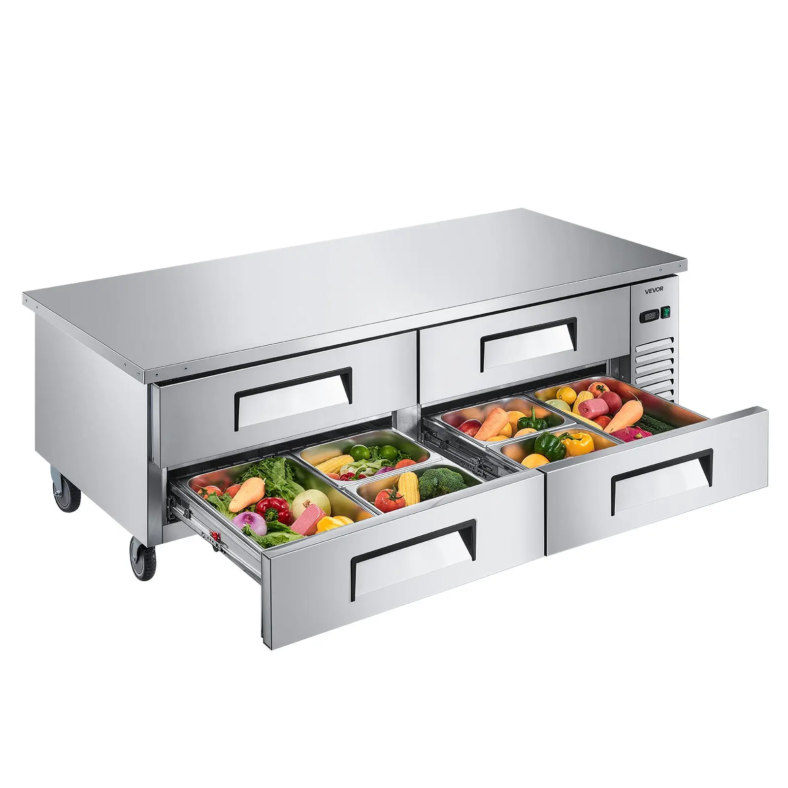 VEVOR 72" W Rectangular Commercial Chef Base Refrigerator, Stainless Steel 4-Drawer Under Counter Fridge with 12 Pans, Heavy-Duty Refrigerated Base, Invisible Handle, Commercial Look Worktop Unit