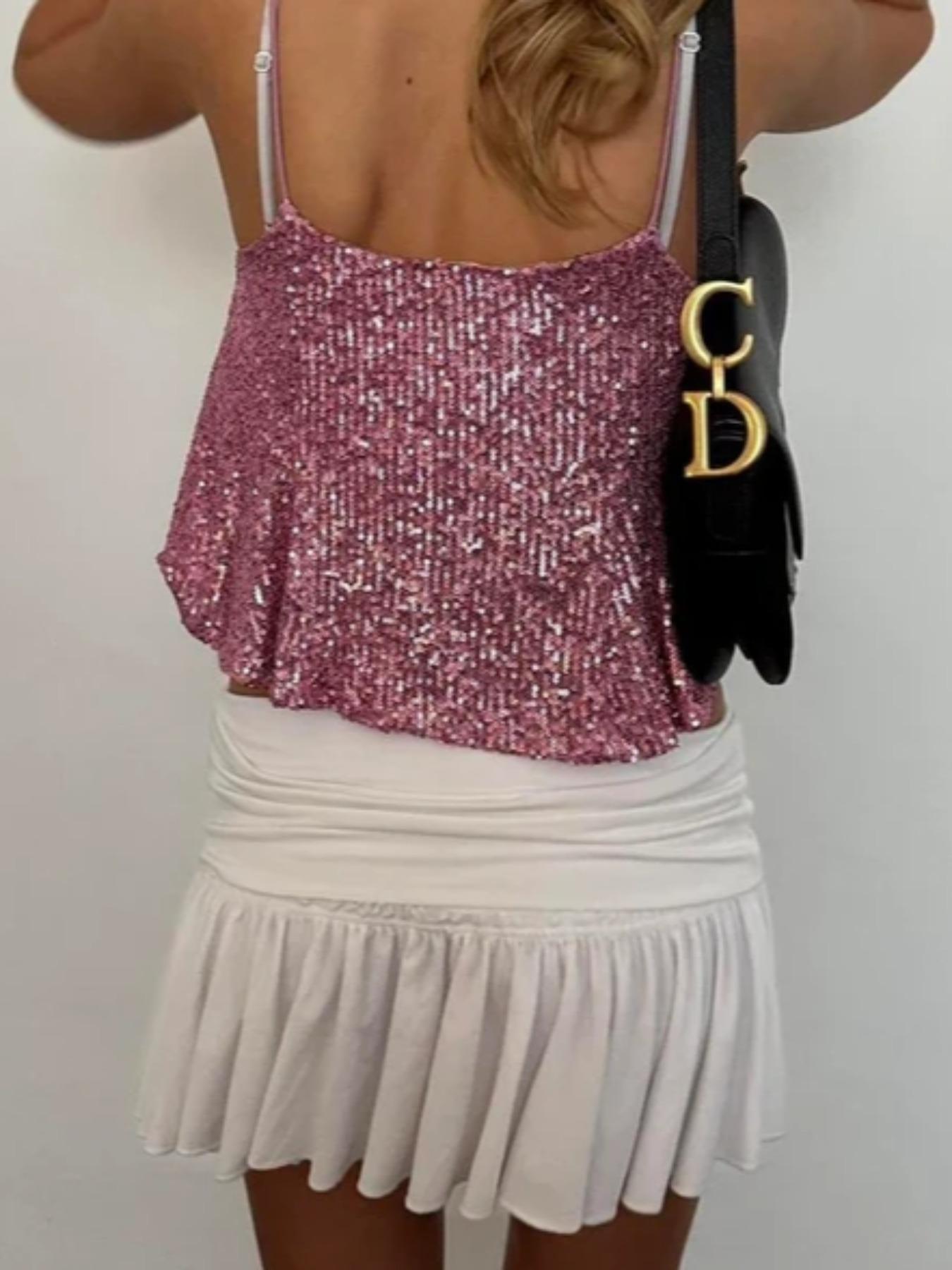 Women's Sexy Sequined Summer V-Neck Halter Top, Light-Ripe Style, Sparkling Backless Vest, Perfect for Parties and Events