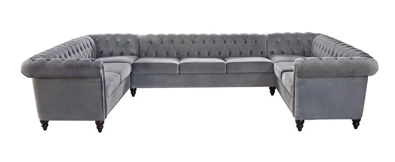 Giratree Furniture U Shaped Large Sectional Couch, Chesterfield Velvet Sofa Tufted Accent Sofa with Scroll Arms and Nailhead for Living Room, Office