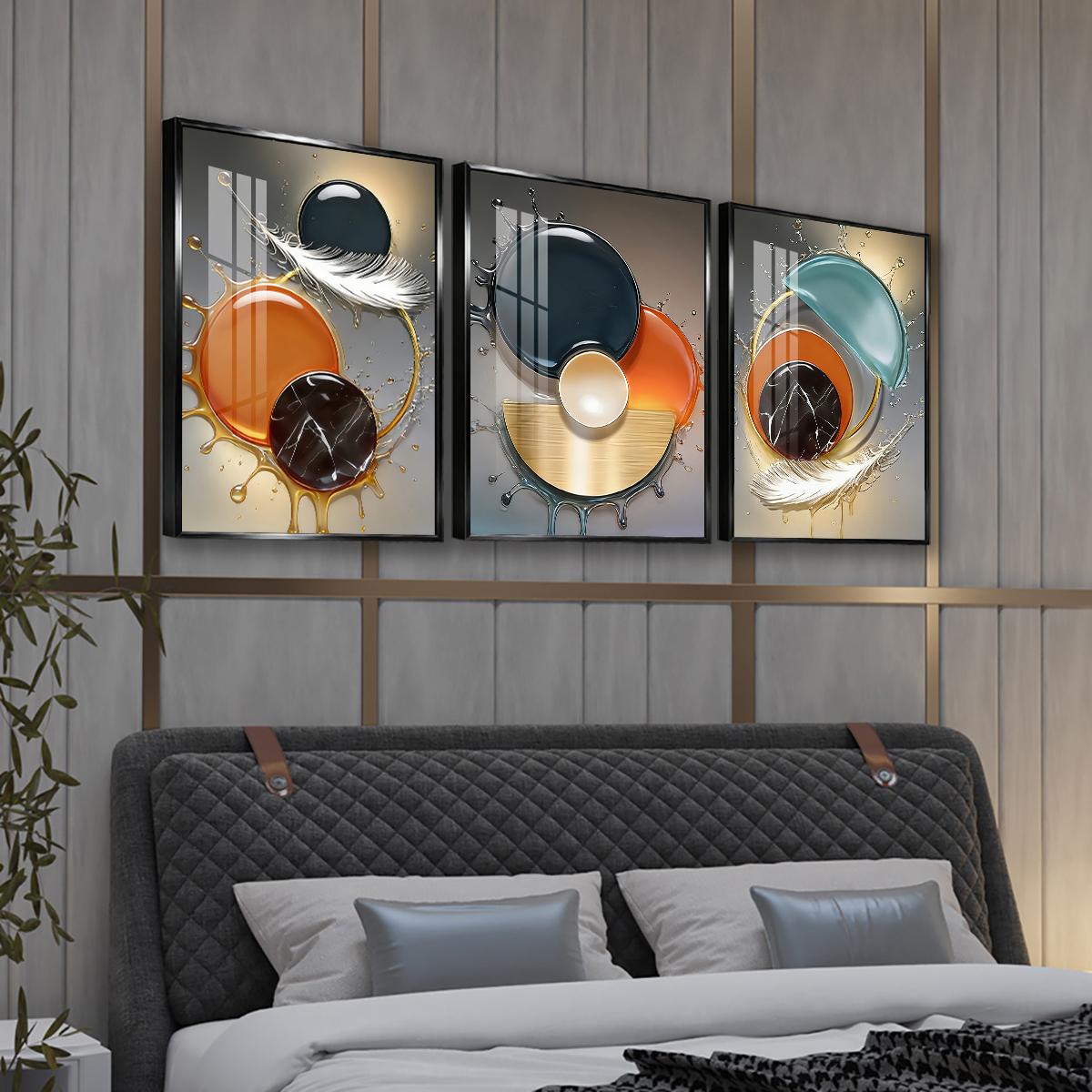 3 Counts Aluminum Alloy Framed Painting, Abstract Color Liquid Splash And Feather Art, Home Decoration For Living Room, Bedroom, Office, Restaurant, Hallway Wall Decor, Odorless Print Artwork, Luxury Perfect Gift For Friends And Family