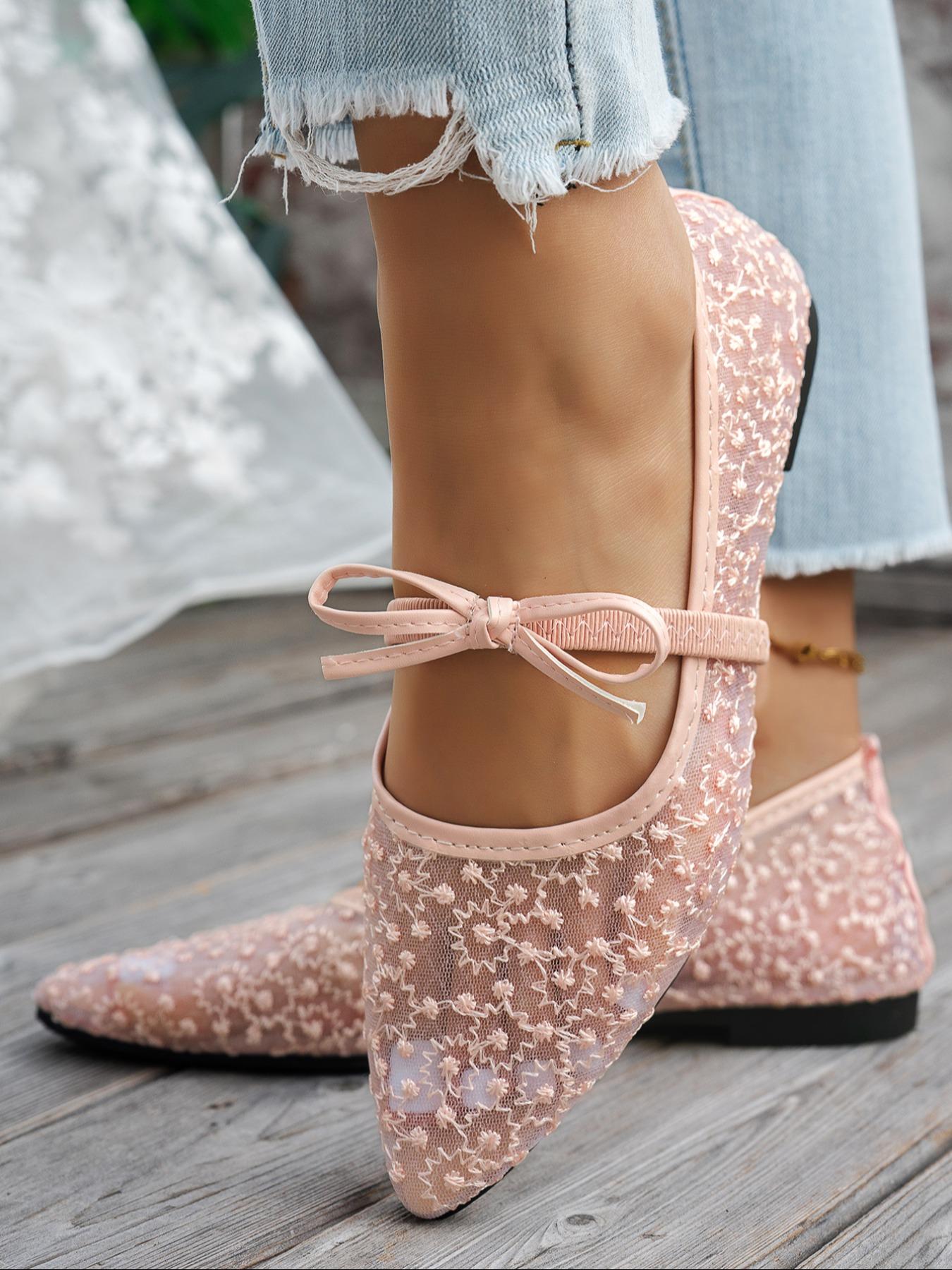 Women's Elegant Lace Pointed Mary Jane Sandals, Delicate Mesh Embroidery, Bow, Comfortable Flat Sole, Spring Summer Casual Shoes, Pointed Toe Flats, Mary Jane Flats