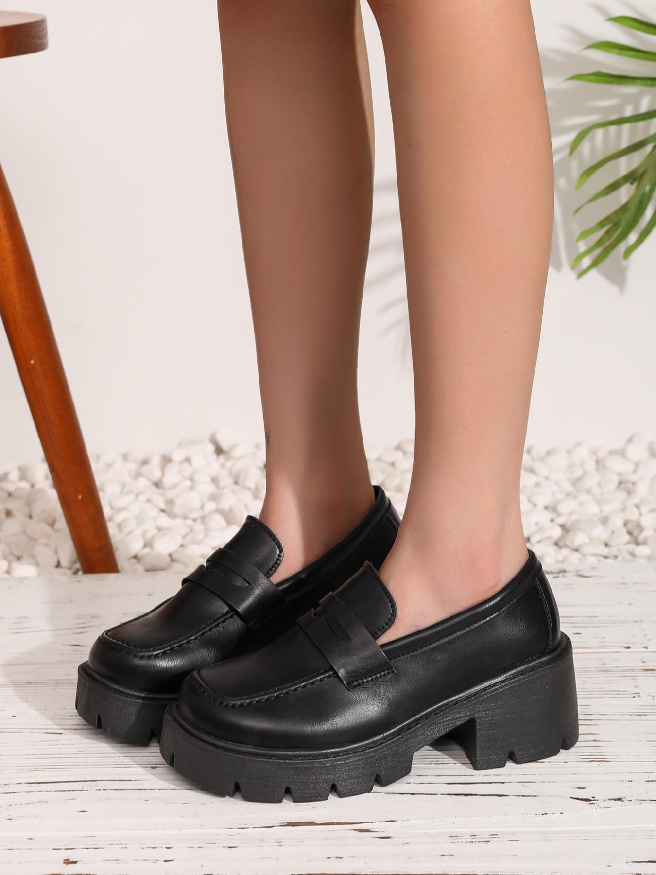 Women's High Heel Chunky Shoes Size 36-43, PU Leather Upper, Rubber Sole, Plain Pattern, Casual Style, All Season Wear