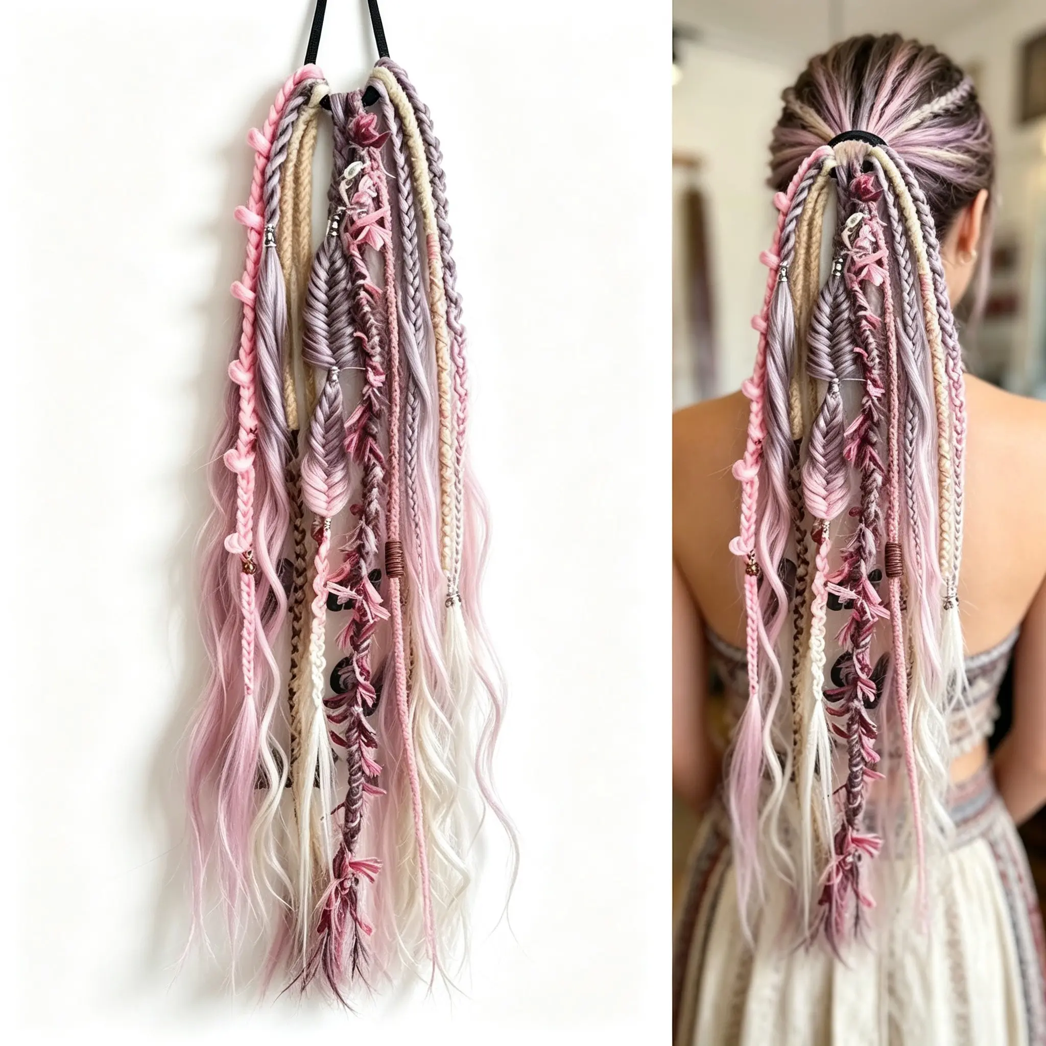 Boho Dreadlock Ponytail Extension Clip In, Messy Goddess Locs Braided Hair Piece with Beads & Shells, Festival Rave Party Daily Hairstyle Synthetic Fiber Hairpieces
