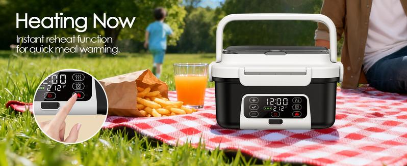 Cordless Electric Heated Lunch Box, 1.5L - 6.3Cups 20000mAh Rechargeable Battery Powered with Automatic Heating, Smart Timer, BPA Free,Including Spoon, Insulated Carry Bag, Removable Tray Divider