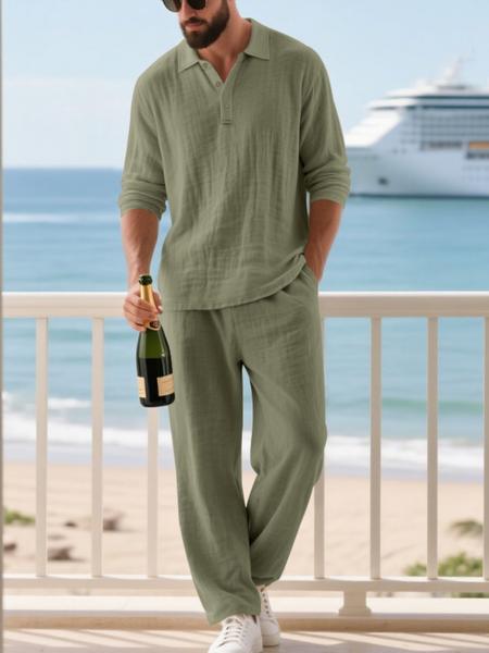 Men's Linen Polo Shirt & Pants Set, Casual Loose-Fit Long Sleeve Top, Spring & Fall Woven Fabric for Daily Wear