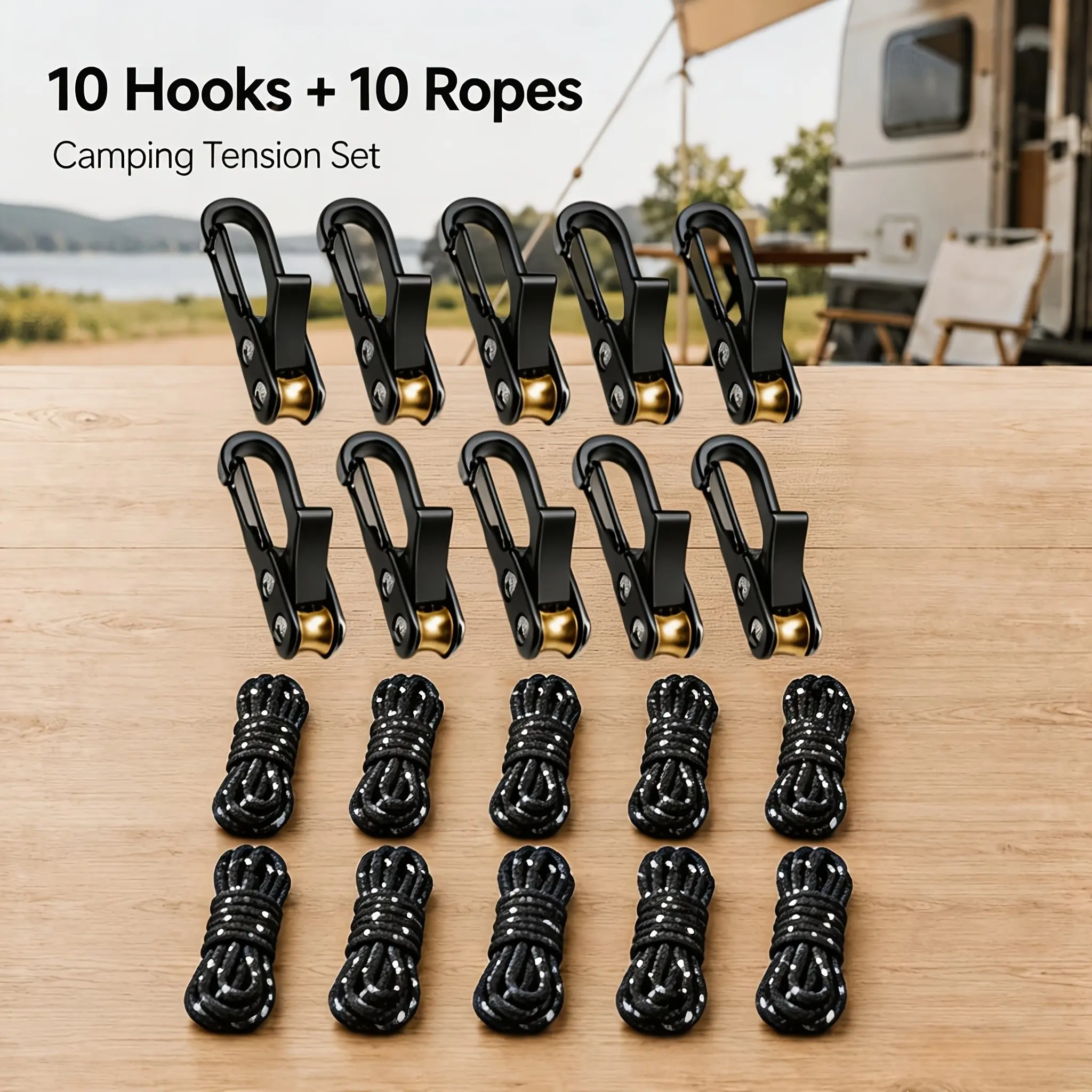 20pcs Camping Rope Set, 10 Pulleys + 10 Hooks, Adjustable Locking System, 70lbs Nylon Rope, Adjustable Ropes, Outdoor & Home Use, Windproof Tent Fixing