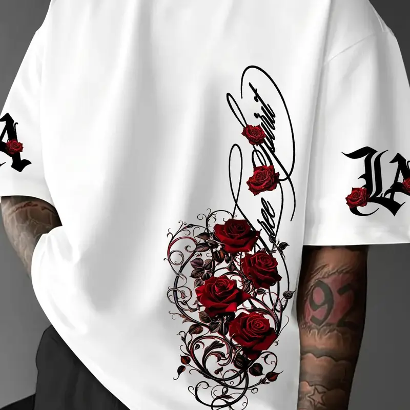 Men's Plus Size Loose T-Shirt, 100% Cotton Round Neck Short Sleeve, Gothic Rose and La Letter Print, Casual Street Style Summer Top