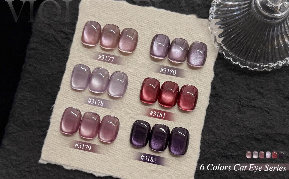 GAOY Violet Flame Purple Cat Eye Gel Polish Set, 6 Cosmic Violet Shades with Magnetic Glitter Effec, Galactic Glitter Gel for Mystic Nail Art