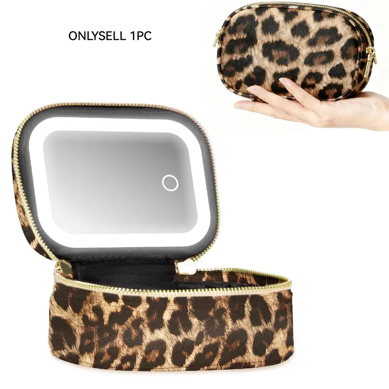 Leopard Print Mini Travel Makeup Bag with LED Light Mirror, 500mah Rechargeable Touch Dimmable Beauty Storage Pouch for Travel, Cosmetic Bags