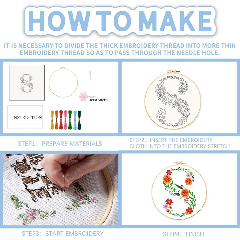 Creative Floral Letter Embroidery Kit, Beginner-Friendly Sewing Art Set, Includes Embroidery Cloth, Threads, Tools(random color), Instructions, Unique Home Decor, Gift, Souvenir