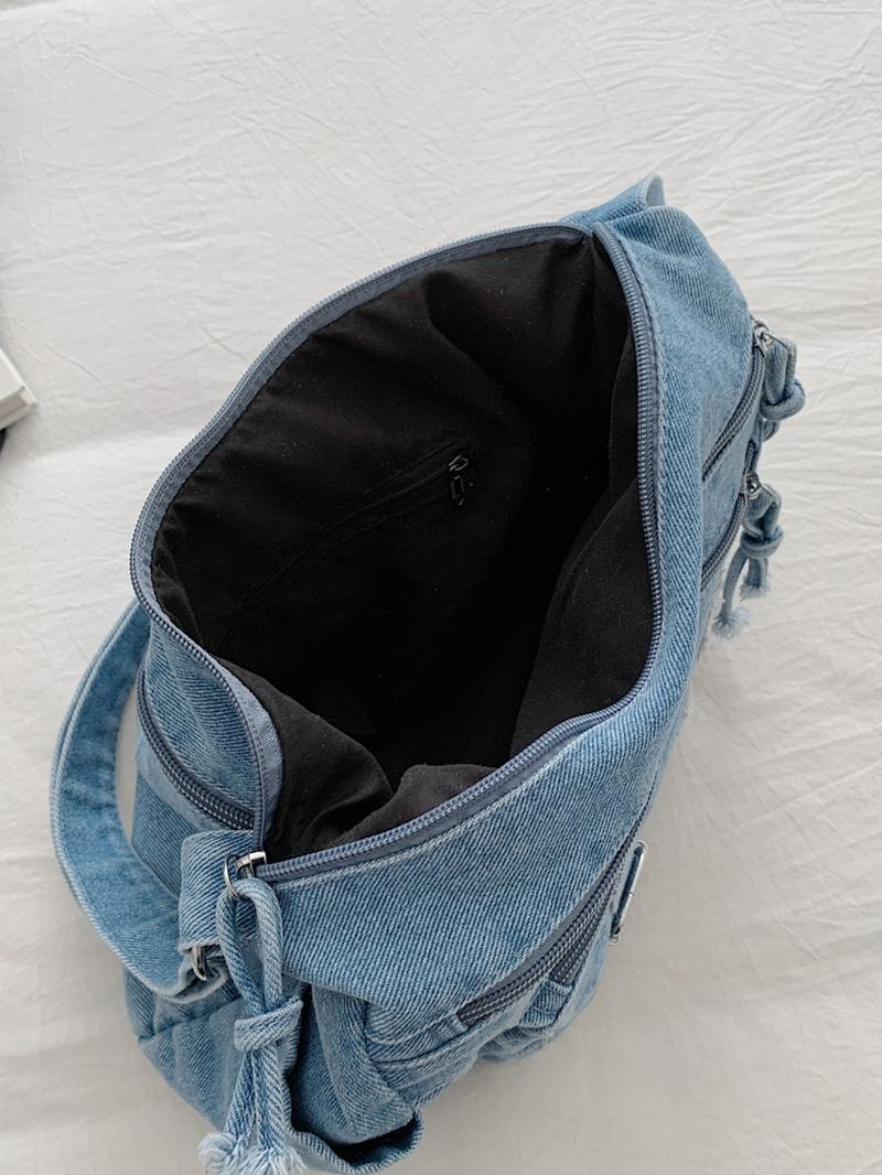 Fashion trend casual Joker shoulder messenger bag, Denim messenger bag, niche design retro wash jeans craft commuter shoulder messenger bag, personality versatile  multi-zipper design suitable for student ， shopping， trips and so on.