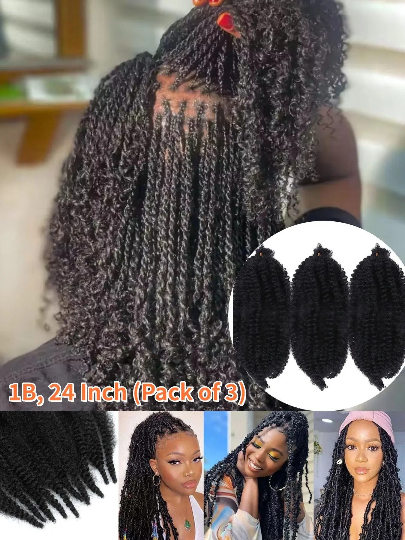 3 Packs Springy Afro Twist Hair 24 inch Marley Twist Braiding Hair Pre-Separated Braiding Hair for Distressed Faux Locs Spring Twist Hair Extensions for Women (1B, 24 Inch (Pack of 3))