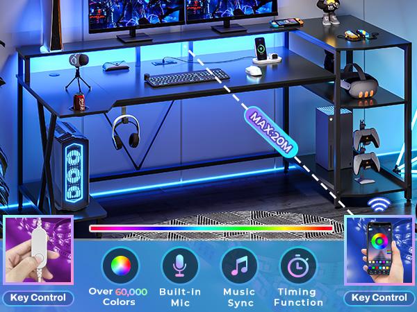 sedeta Gaming Table 70.8 in. with LED Lights and Storage Shelf Computer Table with Monitor Stand, Power Outlet and Cup Holder Ergonomic Table