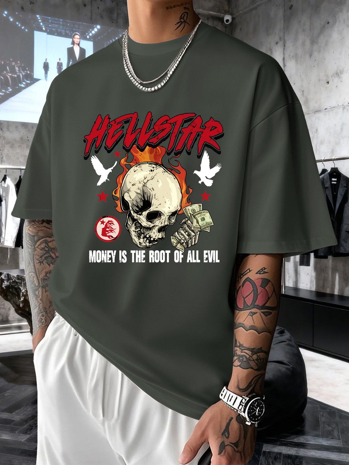 Men's Short Sleeve T-Shirt Summer Hellstar Flame Skull Dollar Print, American High Street Dark Fashion, Loose Fit Drop Shoulder Top