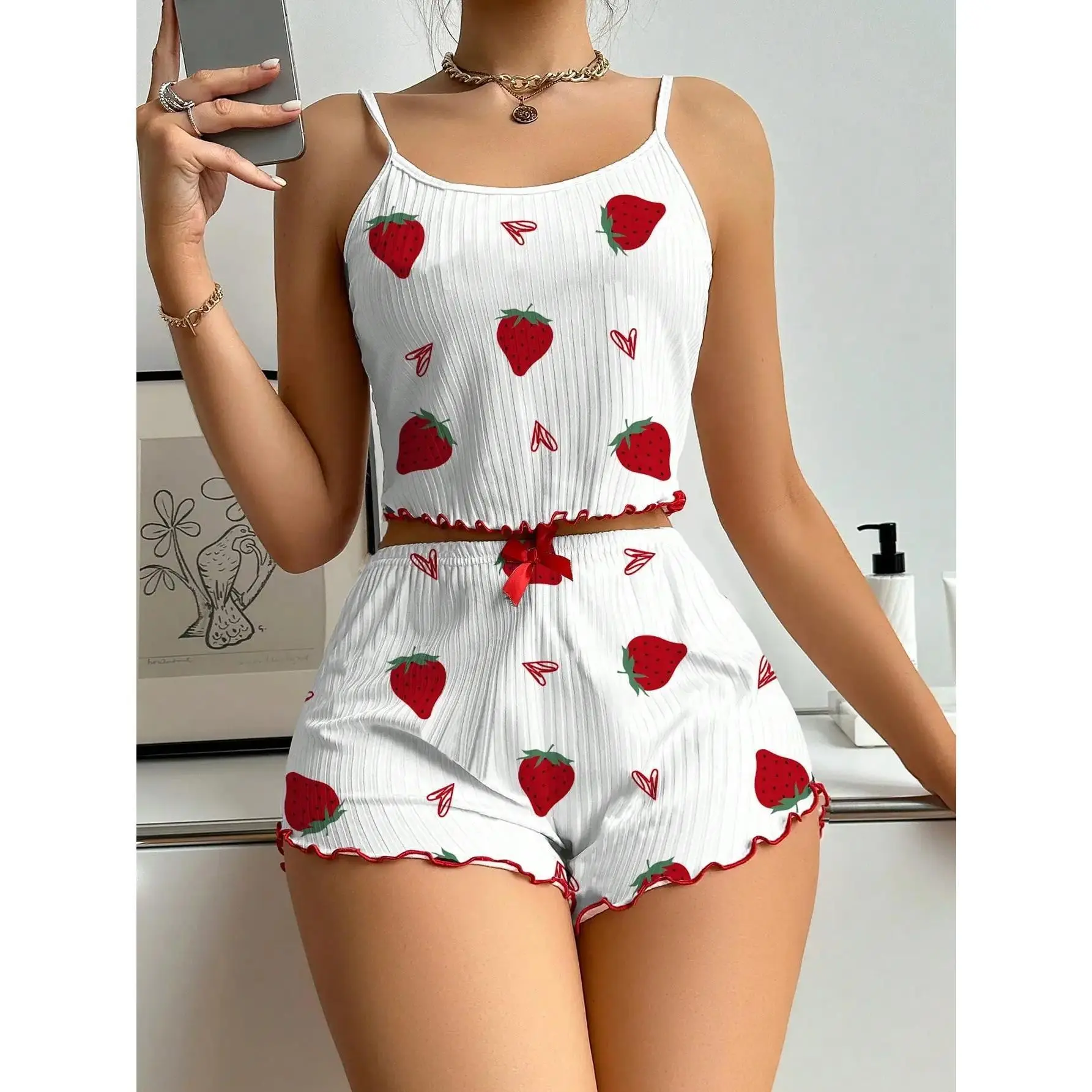 Pajama Set for Women Cherry Print Bow Front Cami Top and Short Pajama Set Cute Soft Sleepwear Strawberry Love Print Pit Bar Set Suspender Shorts Women's Loungewear