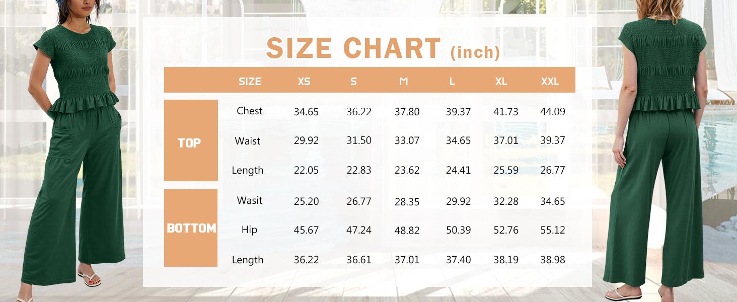 SCUSTY Women's 2-Piece Smocked Top & Wide-Leg Pants Set High-Waisted Lounge Outfit with Pockets Casual Boho Matching Set Minimalist Basic Kleinblue Crewneck Clothes Suits Fitted Trouser