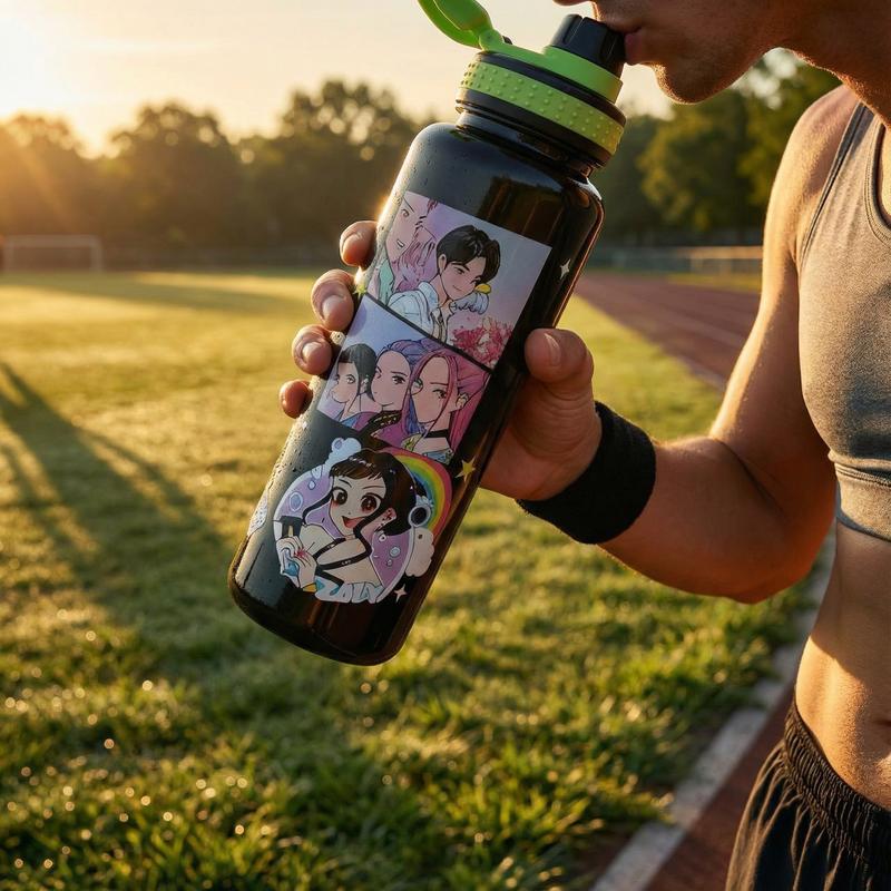 K-Pop Ghost Hunter Theme Totem Water Bottle Tumbler, Reusable Hard Plastic with Lid and Straw, 1000ML Eco-Friendly Alternative, Perfect for School and Travel