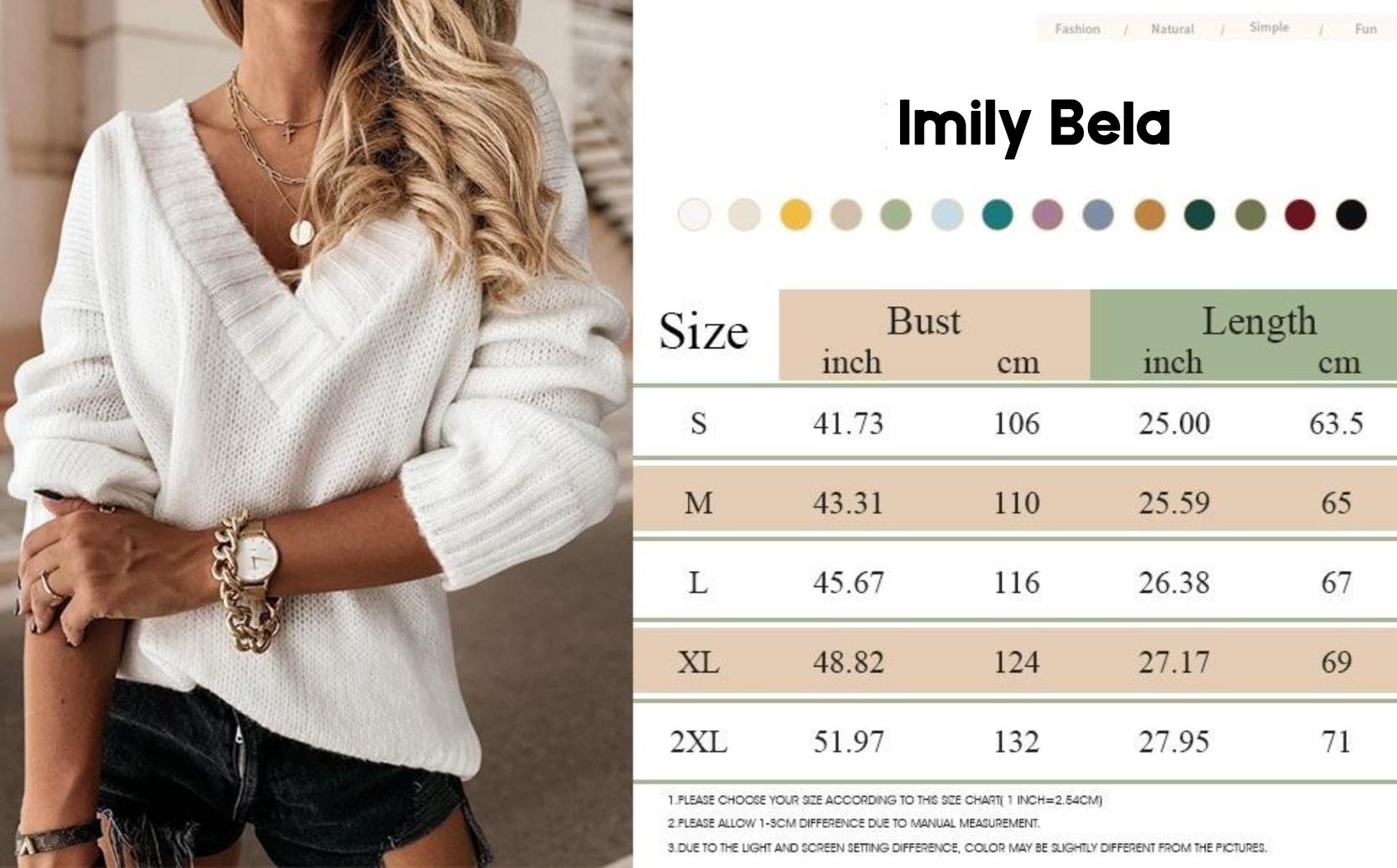 lmily Bela Womens Loose Sweaters Sexy V Neck Long Sleeve Solid Knitted Jumper Pullover Sweatshirt Tops