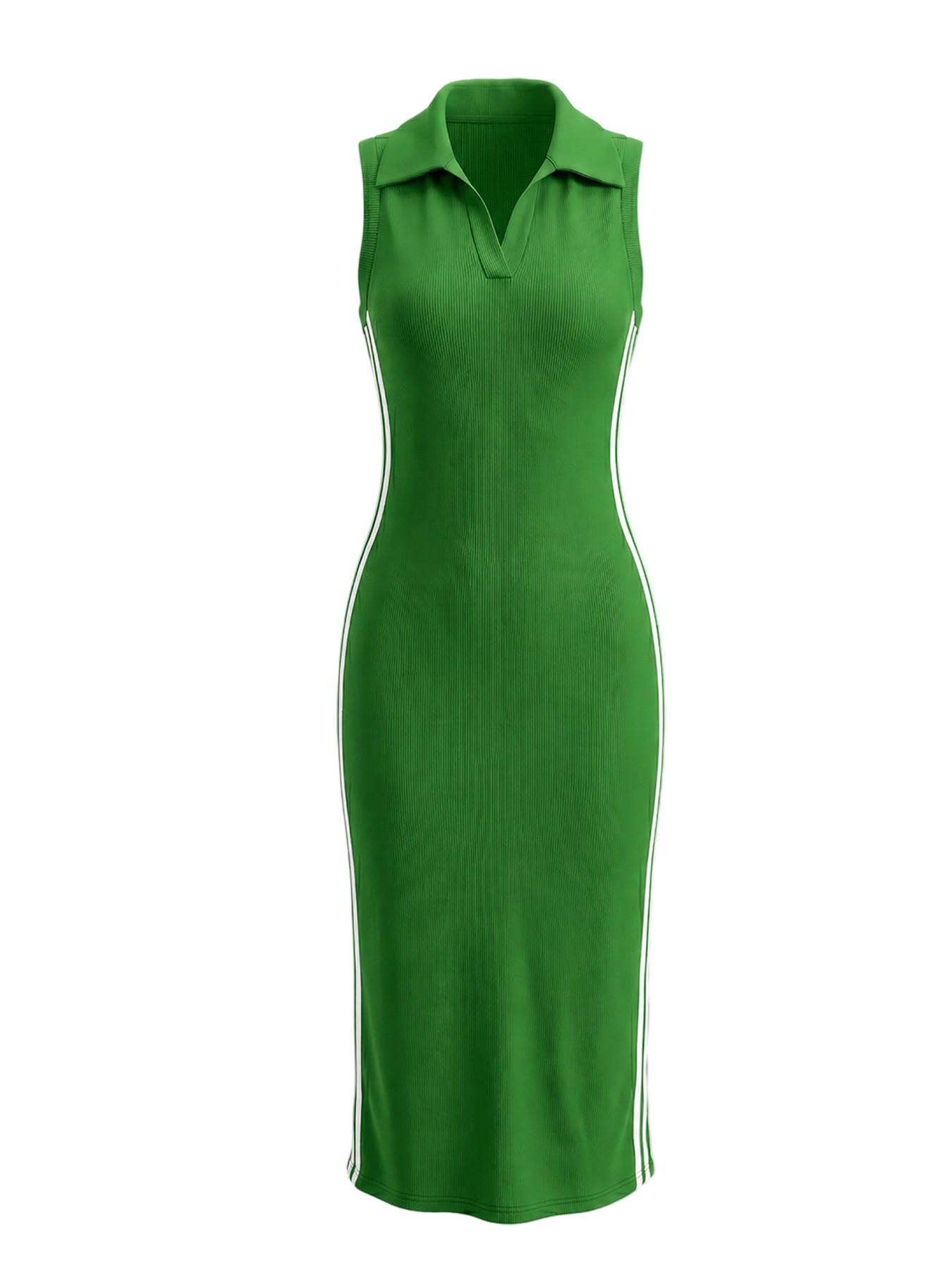 Polo Neck Sleeveless Side Stripe Slim Fit Bodycon Midi Dress, Versatile Summer Office, Casual and Streetwear