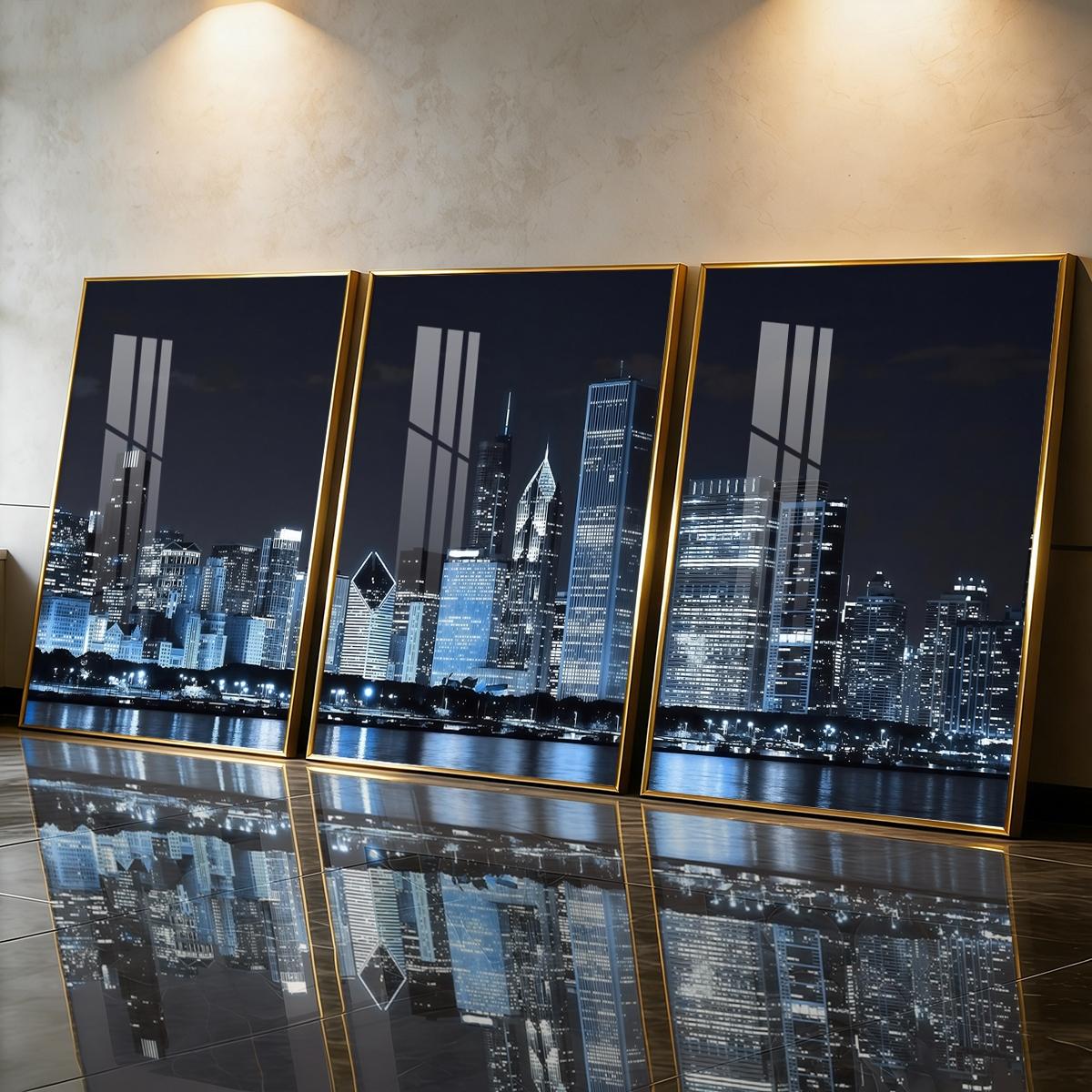 3 Count Aluminum Alloy Frame Canvas， City Night Skyline Fashion Poster， Modern Living Room Decoration， Light Luxury Family Art， Suitable For Bedroom， Corridor And Office Wall Decor， Gift