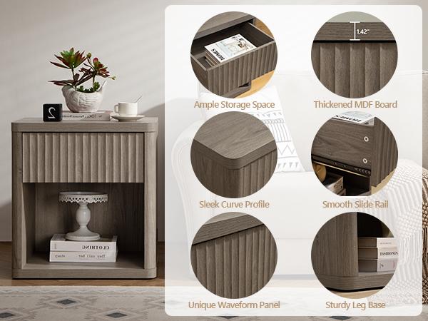 SICOTAS Nightstand Set of 2 with Drawer, Modern Wide Bedside Table for Bedroom, 22.7 x 15.4 x 24.1 Size Mid-Century End Table with Storage, Sturdy Night Stand for Sofa, Couch, Living Room, Office