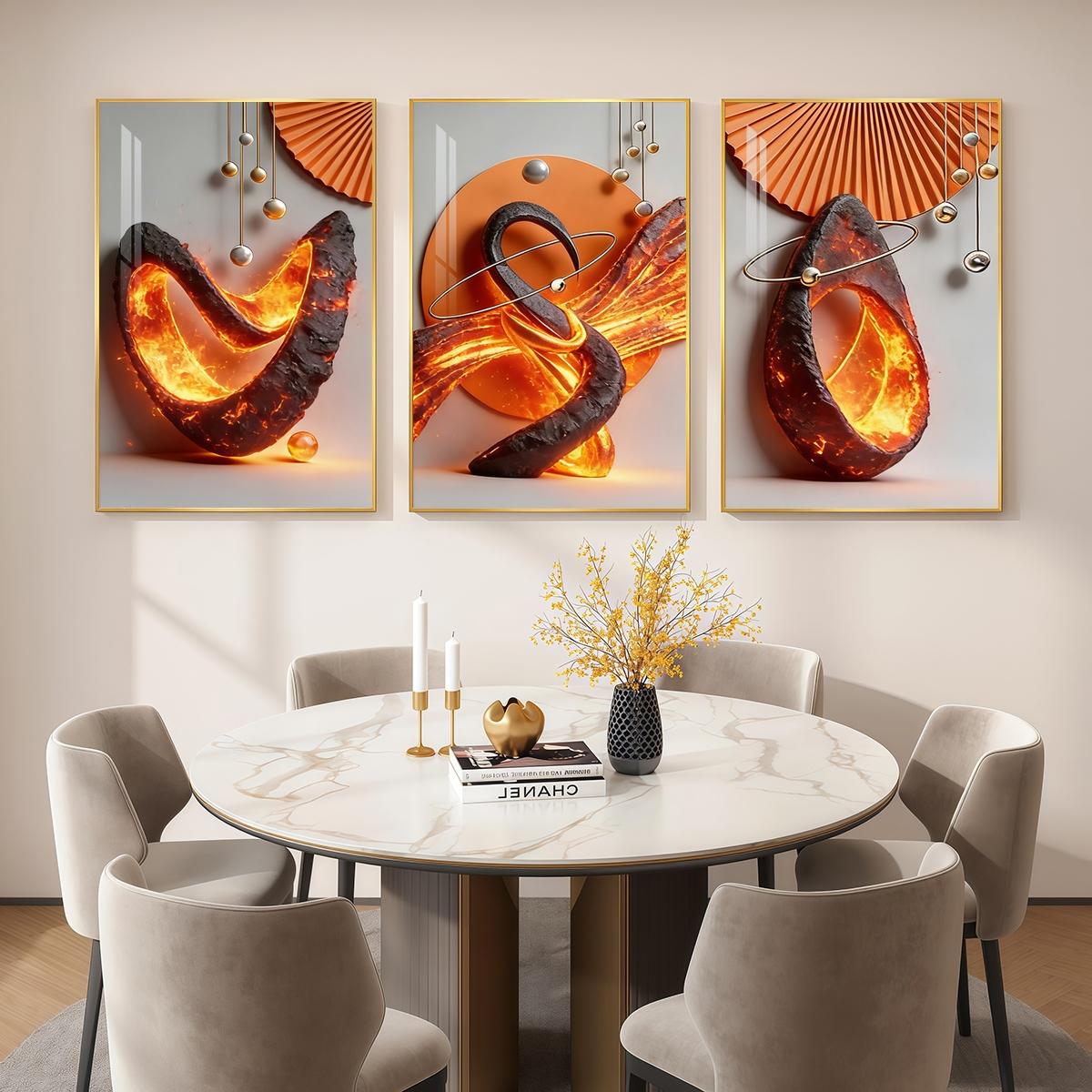 3 Counts Aluminum Alloy Framed Painting, Abstract Lava Flame Sculpture Pictures, Home Decoration For Living Room, Bedroom, Office, Restaurant, Hallway Wall Decor, Odorless Print Artwork, Luxury Perfect Gift For Friends And Family