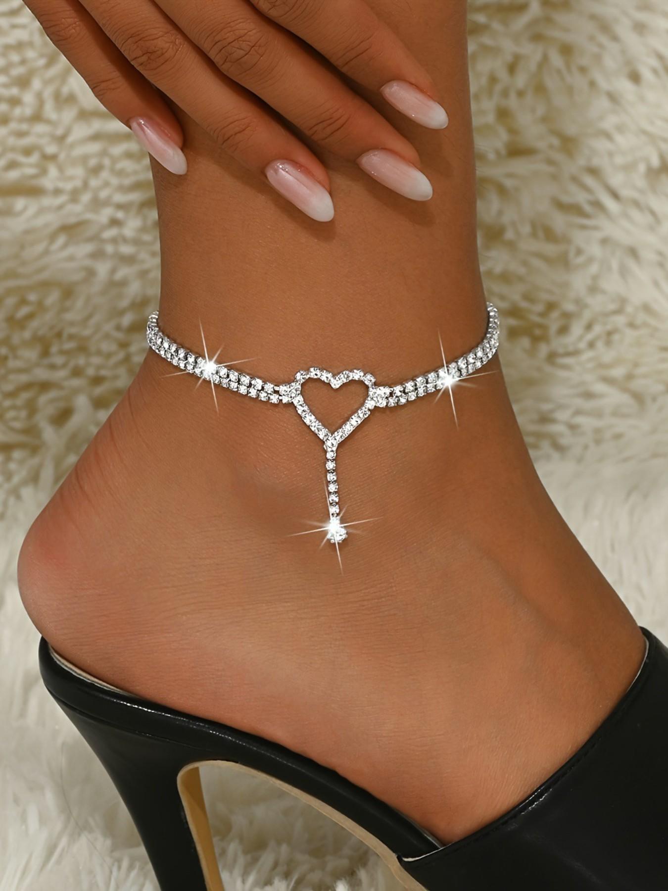 Viral Heart Anklet for Women, Sparkly Rhinestone Ankle Bracelet, Dainty Heart Charm Foot Jewelry, Gold/Silver Tennis Anklet, Trendy Layered Anklet, Perfect for Beach, Party & Date Night, 2026 Summer Must-Have