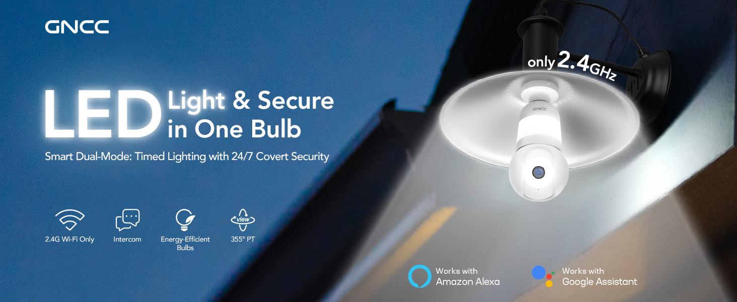 GNCC Light Bulb Camera, 2K HDR Security Camera, Indoor/Outdoor Cam with Color Night Vision and Infrared, 360 Pan Tilt Cameras for home, 2.4G WiFi Wireless, Double Lighting, Motion Detection, Two-way Audio Works with Alexa & Google Assistant