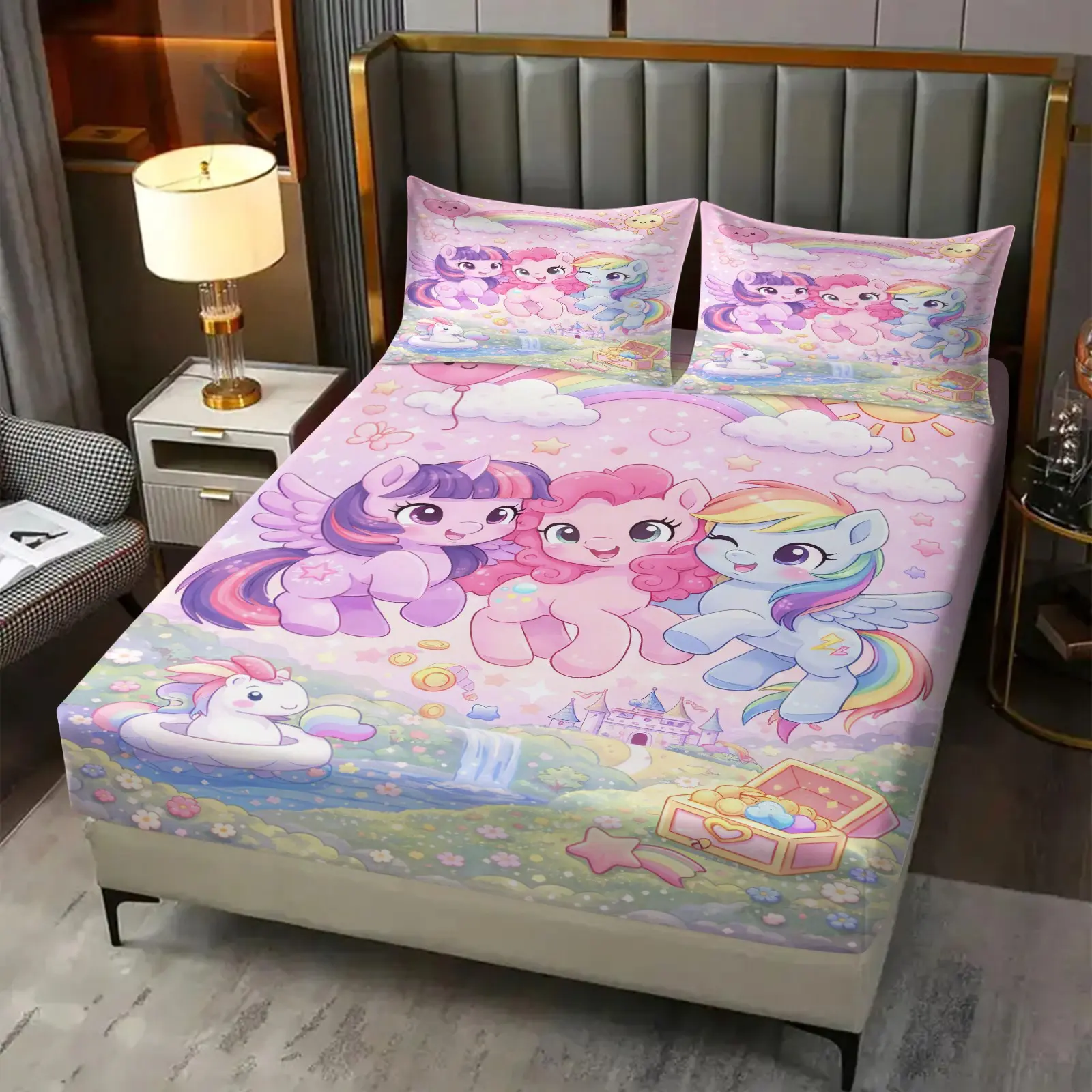3Pcs Cute Cartoon Pony Unicorn Fitted Sheet Set, Dreamy Pastel Digital‑Print Bedding Set (1 Fitted Sheet +2 Pillowcases; No Fillers). Deep Pocket Elastic Edge Machine Washable, Great for Kids Rooms, Bedrooms, Dorm & Apartments