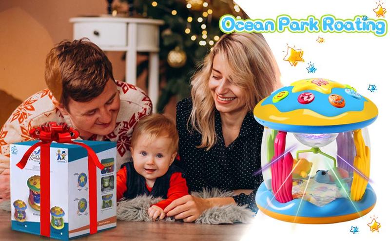 Product Introduction of Baby Musical Light Up Toys 6-36 Months, Tummy Time Ocean Projector Rotating, Infant 0-12 Months Learning Crawling,Floor drum Toy , Birthday present for baby, Rattle Maracas Sensory 9