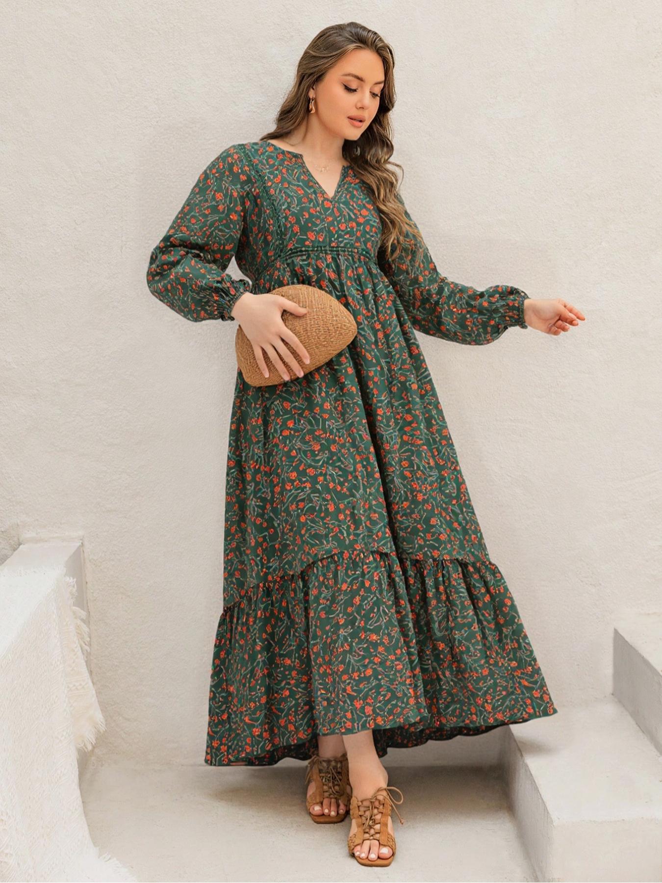 Plus Size Women's Floral Woven Dress, Fall Winter V Neck Tie Back Lace Trim Long Sleeve Maxi Dress, Casual Elegant Fashion