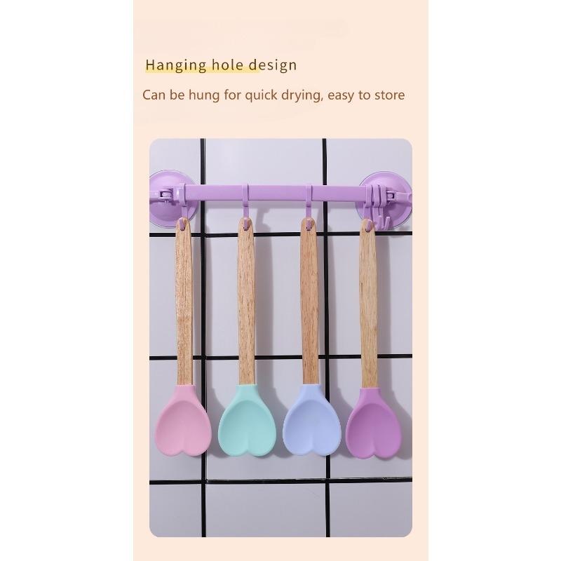 4 Pcs Heart Shaped Macaron Silicone Spatulas, long-handled mixing spoons and heat-resistant wooden handle spatulas, practical kitchen and baking tools for cream mixing. Bake with love and enjoy life.