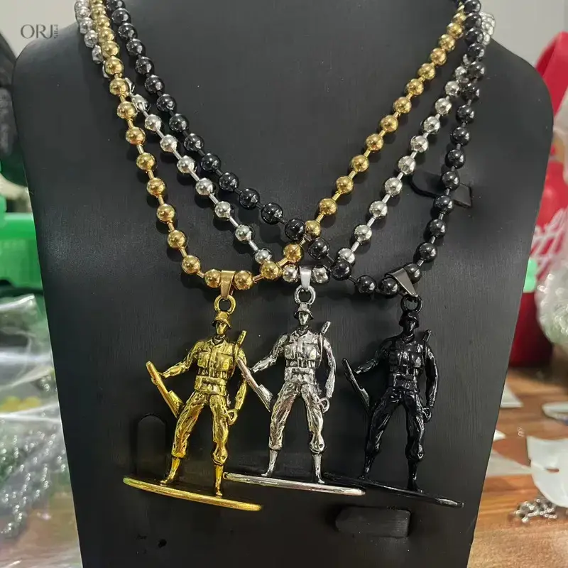 Gold Tone Soldier Figure Pendant Necklace for Men, Vintage Military Soldier with Rifle Bead Ball Chain Necklac