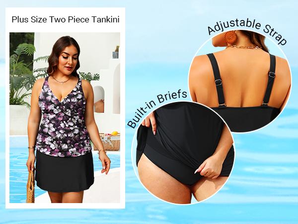 Daci Women Plus Size Two Piece Tankini with Skirt Tummy Control Bathing Suits V Neck Swimsuits