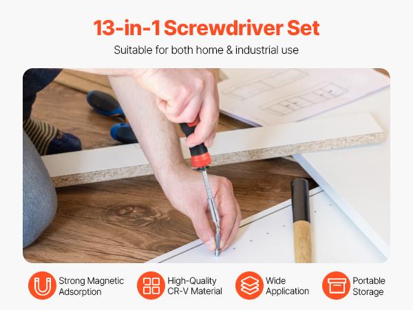 VEVOR Screwdriver Set, 13 in 1 Magnetic Multi Bit Mini Nut Driver Set, Phillips, Flat Head, Torx, Square Bits for Men, Manual Precision Repair Tool Kit for Sockets, Furniture, Home Appliances, Cars