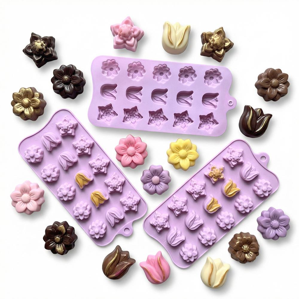 3pcs Tulip Shape Chocolate Silicone Molds, DIY Candy Pudding Baking Cookie Birthday Cake Decoration, 15 Cavity Mold Set