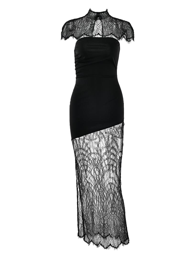 Women's Lace Patchwork Slim Fit Dress Set, Long Shawl Design, Perfect for Parties & Events, Elegant Plain Style