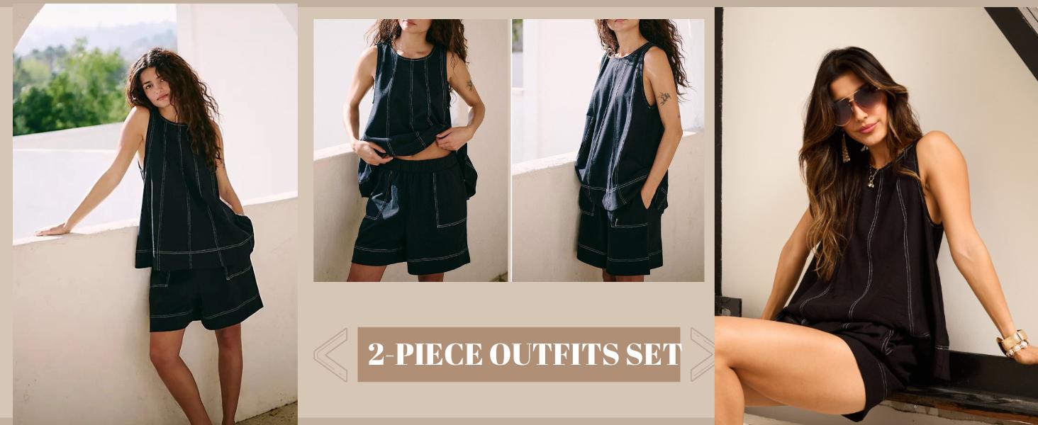 SCUSTY Women's Two Piece Outfit Cotton Matching Set  A-Line Sleeveless Tank Tops and High-Waist Shorts with Pockets