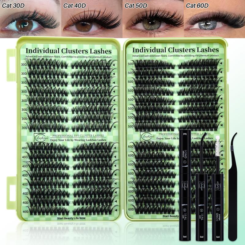 1450/640/460/350 PCS D Curl Lash Clusters Kit, 11 Styles Cat Volume Spikes and 3D Effect Lashes Eyelash Extensions with Bond and Seal Remover Applicator Headband and Wristband, Suitbale for Easy DIY Makeup at Home