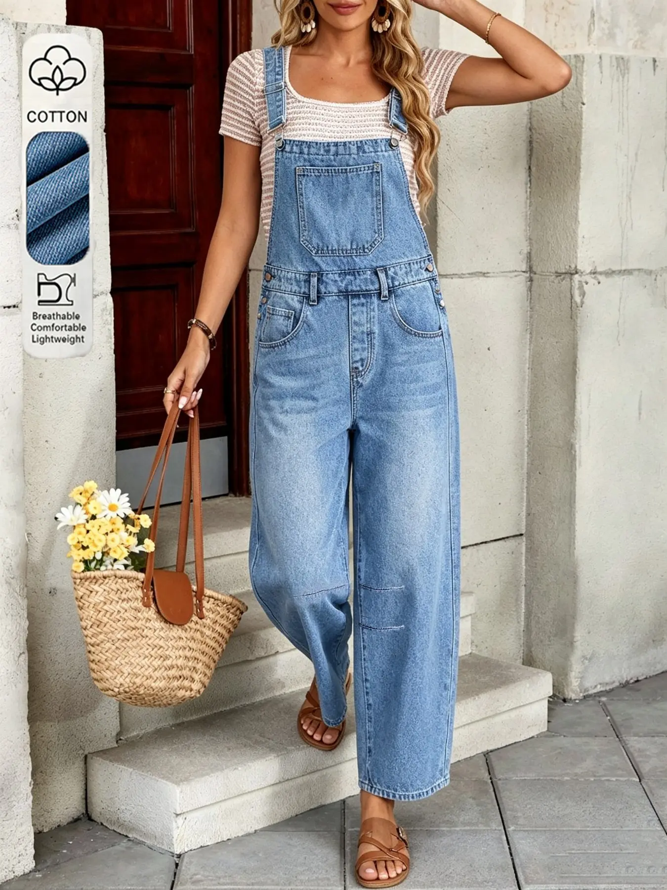 Women's Denim Jumpsuit, Loose-Fit Sleeveless Design, Adjustable Straps, Pockets, Natural Waist, Elegant Casual Style, All Seasons